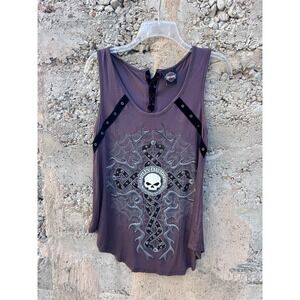 Harley-Davidson Gray Graphic Sleeveless Tank Top Lace-up Back Embellished Medium